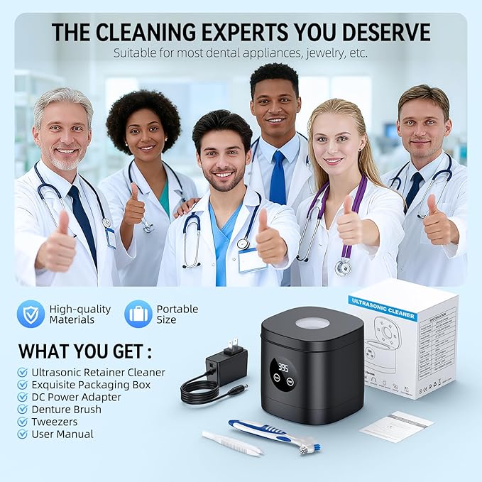 TEBAL Ultrasonic Retainer Cleaner Machine, 52kHz Ultrasonic Denture Cleaner for Night Guards, Braces, Toothbrush Heads, Jewelry and More, Ultrasonic Cleaner for Retainers with 250ML Capacity, Black