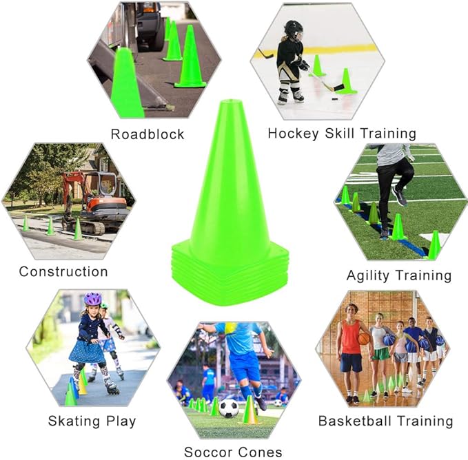 9 Inch Plastic Training Traffic Cones, Sport Cones, Agility Field Marker Cones for Soccer Basketball Football Drills Training, Outdoor Activity or Events - (Set of 10, 12, 15 or 24, 4 Colors)-StrideForce Fitness