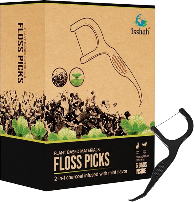 Floss Picks (300 Count) – Plant Based Dental Floss Picks for Superior Oral Care, Dental Hygiene, and Gum Health, Cruelty Free Tooth Floss Picks Single Thread (Charcoal)