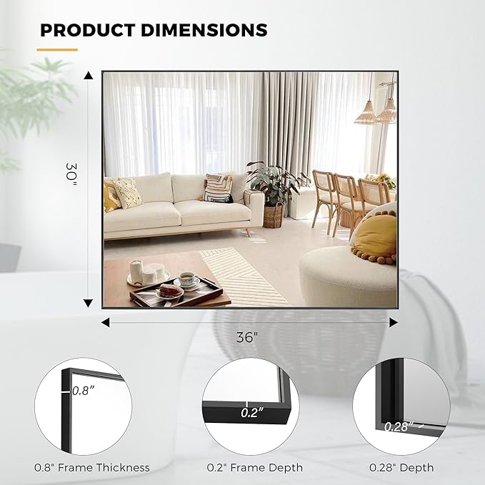 30x36 Inch Black Bathroom Mirror for Wall, Aluminum Frame Rectangle Rectangular Vanity Mirror, Modern Large for Bedroom, Living Room, Horizontal or Vertical-StrideForce Fitness