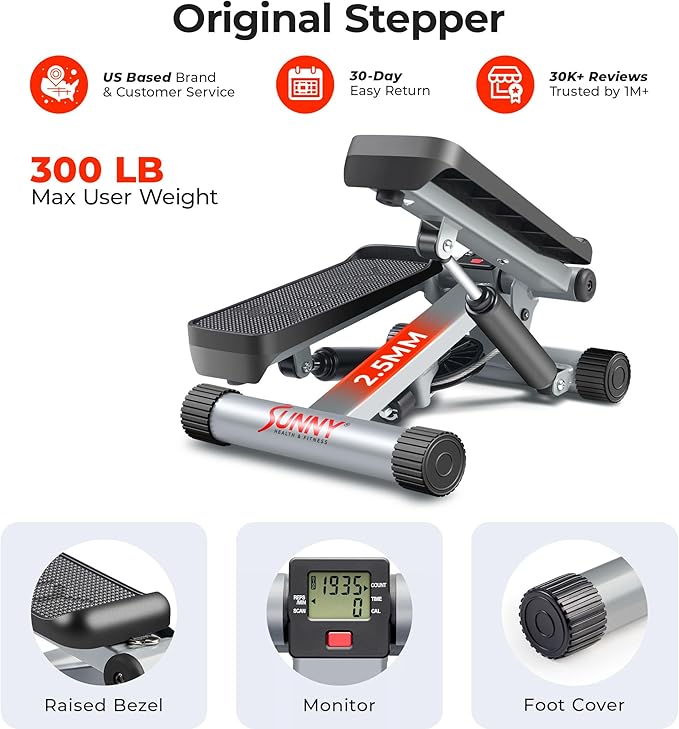Sunny Health & Fitness Mini Stepper for Exercise at Home, Stair Step Workout Machine with Resistance Band and Over 300lb Weight Capacity, Optional Twist Motion and Free SunnyFit App Connection-StrideForce Fitness