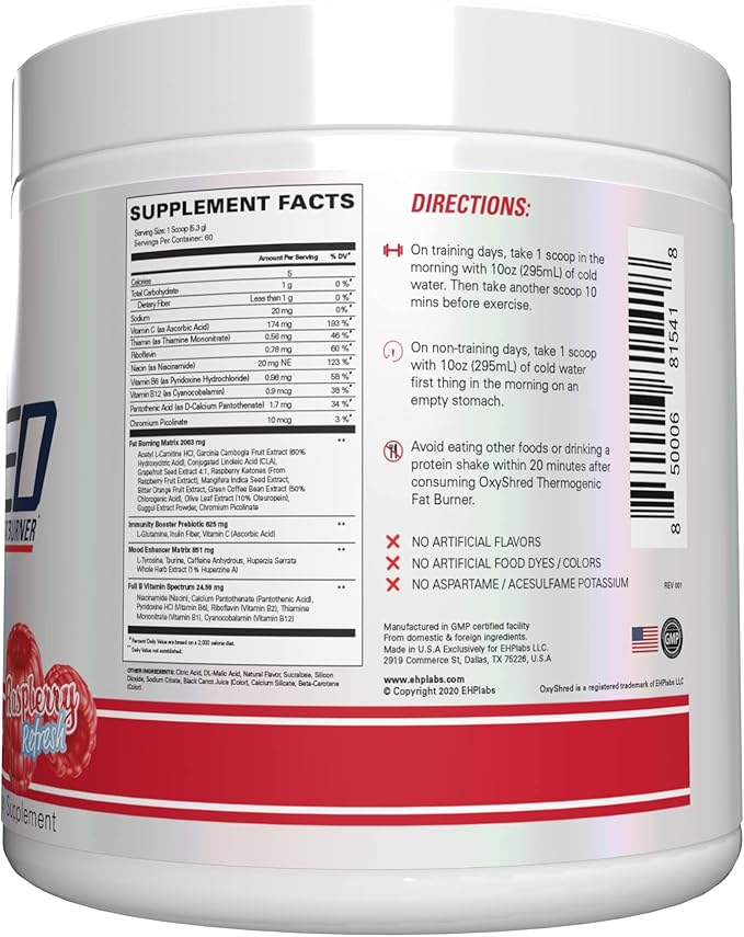 EHP Labs OxyShred Pre Workout Powder - Preworkout Powder with L Glutamine & Acetyl L Carnitine, Energy Boost Drink - Raspberry Refresh, 60 Servings-StrideForce Fitness