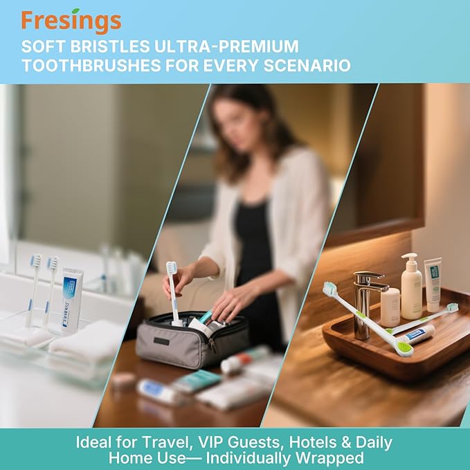 10-Pack Ultra Soft Toothbrushes for Sensitive Gums, Extra Soft Bristles, Built-in Tongue Scraper, Individually Wrapped Manual for Adults & Kids, Travel, Home, Guest, Braces, 5 Colors