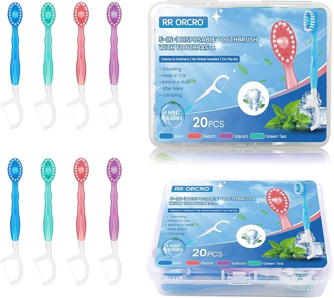 40Pack Mini Disposable Toothbrushes with Toothpaste Tongue Scraper Floss Pick 5-in-1 Single Use Portable Travel Toothbrush Individually Wrapped Box Small Prepasted Travel Toothbrush for Kids Adult
