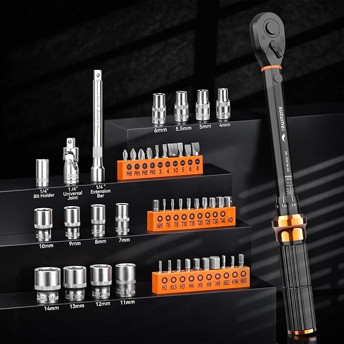 SUZUME 46PCS Bike Torque Wrench Set (20-220 in.lb/2.3-24.9 N.m) ±3% High Accuracy 72 Tooth Click Torque Wrench Set Reversible Head Dual-Scales 1/4 Torque Wrench For MTB Bicycle Maintenance-StrideForce Fitness