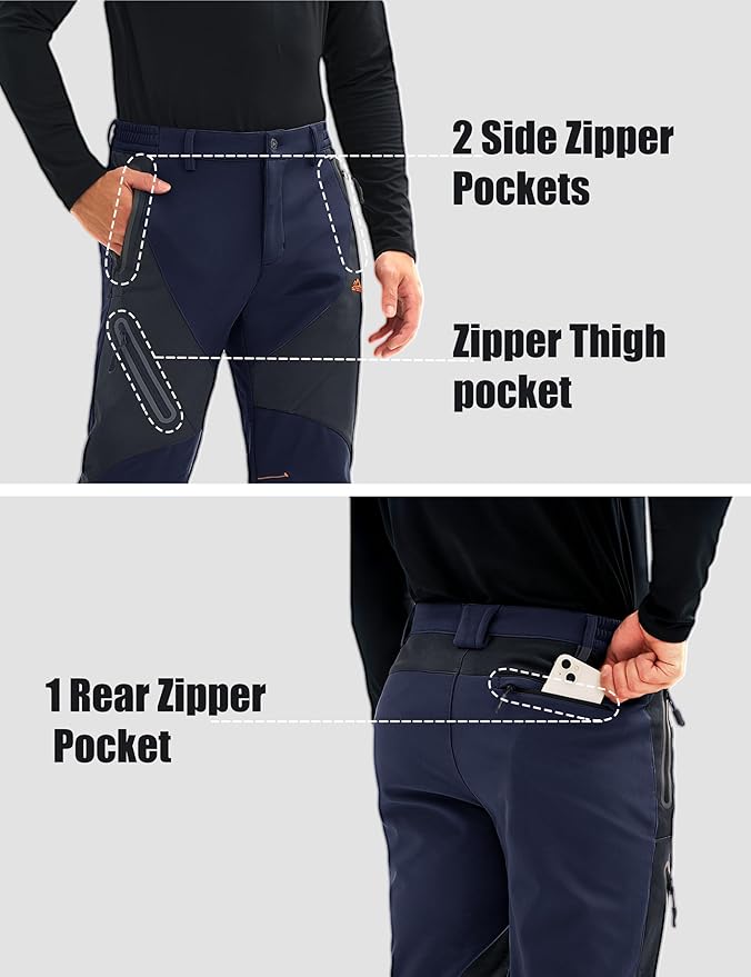 MAGCOMSEN Men's Snow Ski Pants Fleece Lined Water Resistant Winter Pants with 4 Zip Pockets for Snowboard Hiking Outdoor