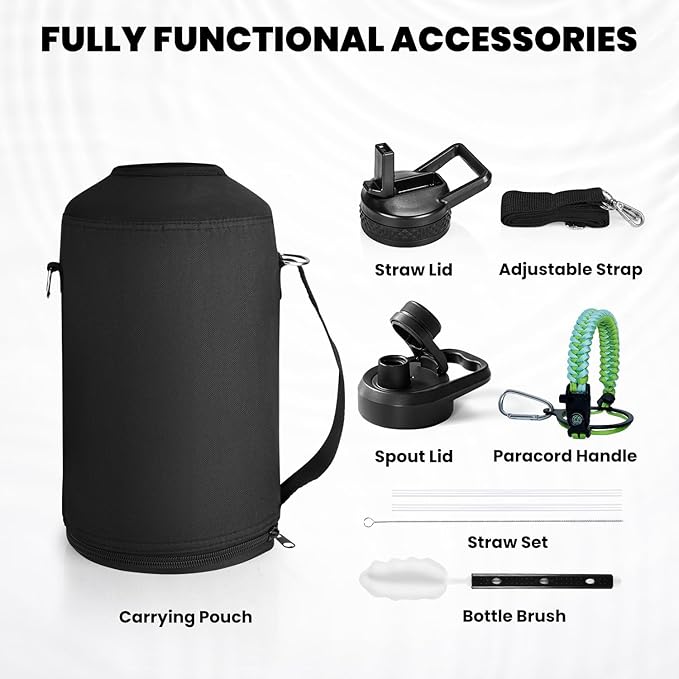 One Gallon Water Bottle Insulated, Triple Walled Vacuum Stainless Steel (Cold for 48 Hrs), Leak Proof & Non-BPA, Large Water Flask Jug with Paracord Handle & Straw Spout Lids-StrideForce Fitness