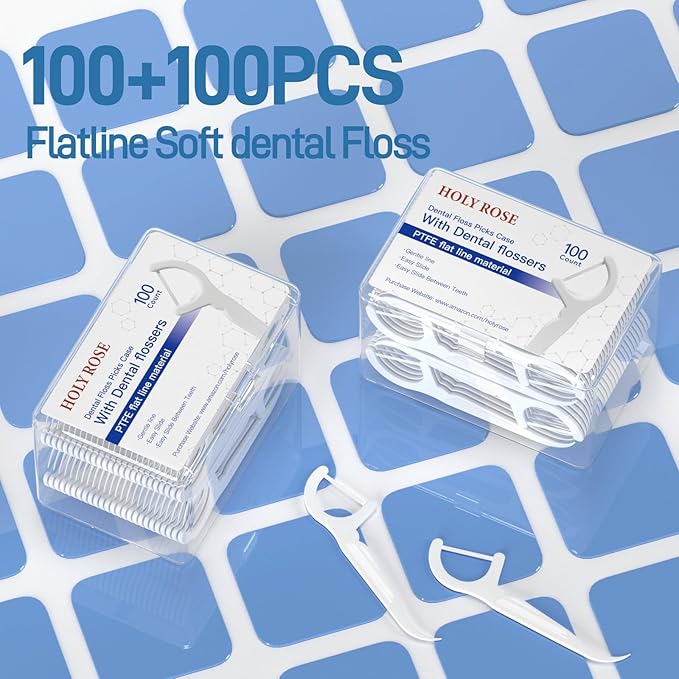 Holy Rose Dental Floss Case with 100 Floss Picks -2 Box 200 Count Flossers- Flat Line Design - Portable and Hygienic Oral Care Dispenser Set for Teeth and Gums - Dental Cleaning Tool.