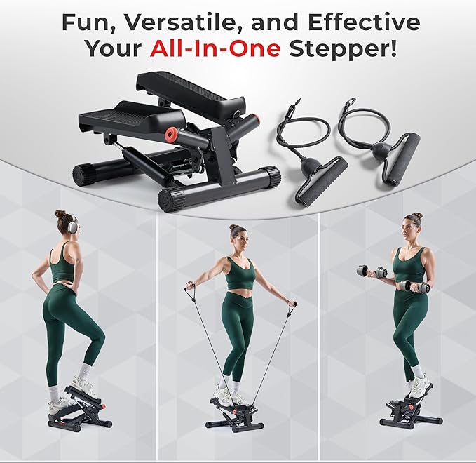 Sunny Health & Fitness Mini Stepper for Exercise at Home, Stair Step Workout Machine with Resistance Band and Over 300lb Weight Capacity, Optional Twist Motion and Free SunnyFit App Connection-StrideForce Fitness