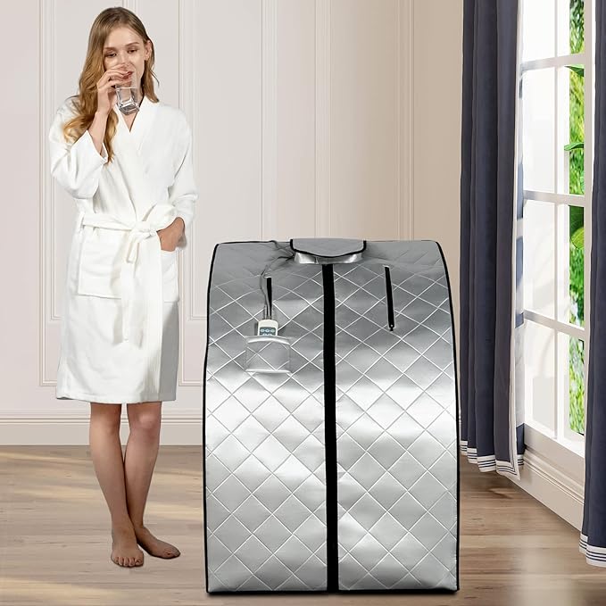 Smartmak Far Infrared Sauna, Full Body One Person SPA Set with Portable Time & Tempreture Remote Control, Heating Foot Pad and Foldable Reinforced Chair(L 27.6ββ x W 31.5ββ x H 37.8ββ) - Black Border-StrideForce Fitness