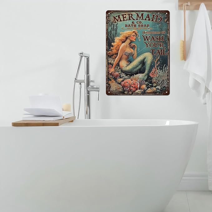 Retro Mermaid Tin Sign Wash Your Tail Vintage Metal Poster Funny Bath Soap Wall Art Toilet Bathroom Man Cave Bar Cafe Indoor Living Room Garage 12 * 16inch-StrideForce Fitness