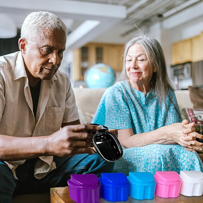 Black Denture Soaking Container Partial Denture Case, Orthodontic Retainer Cleaning Case Denture Cleaner Container Dentures Teeth Cup with Strainer and Lid Waterproof