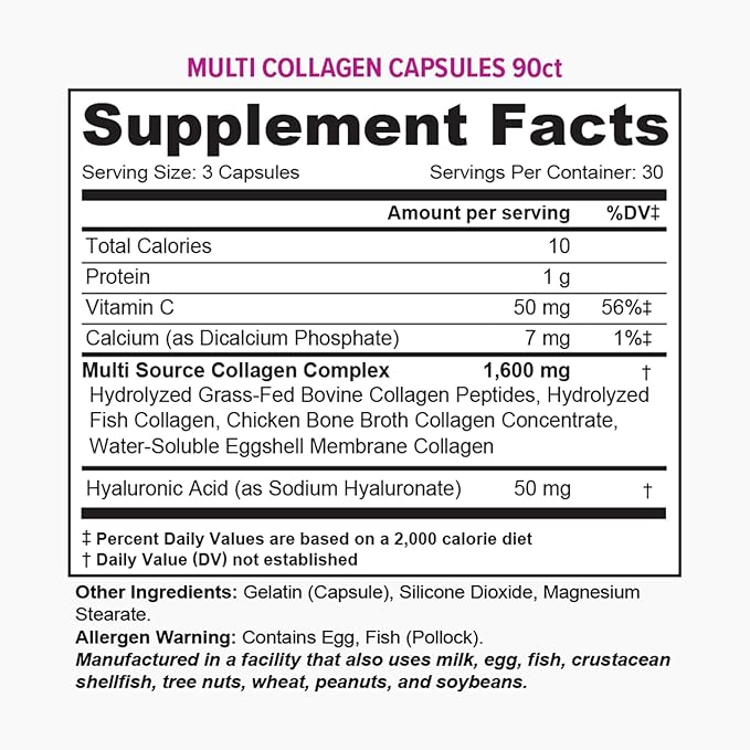Multi Collagen Peptides Capsules for Women - Hydrolyzed Collagen for Women Pills with Types I II III V & X Plus Vitamin C & Hyaluronic Acid for Beautiful Hair Skin and Nails - 30 Servings-StrideForce Fitness