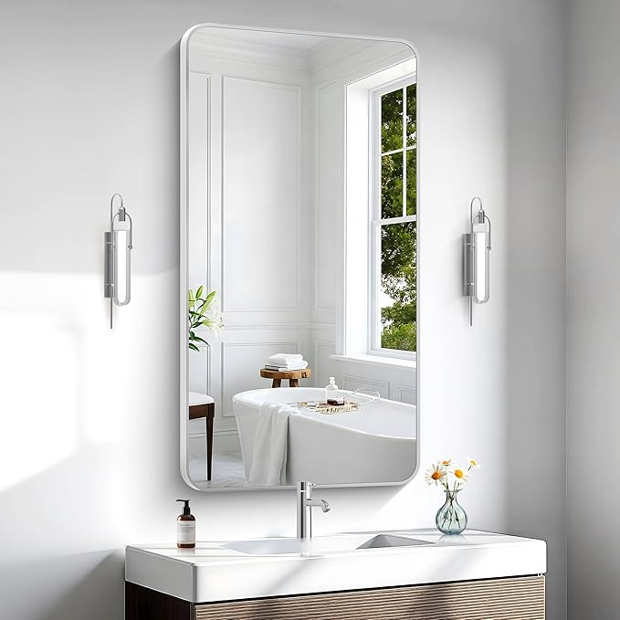 Silver Bathroom Mirror,24x48 inch Wall Mirror for Bathroom Wall Mounted,Rectangle Mirror for Bathroom Over Sink,Modern Frame Round Corner for Living Room,Bedroom Entryway,Horizontal/Vertical-StrideForce Fitness