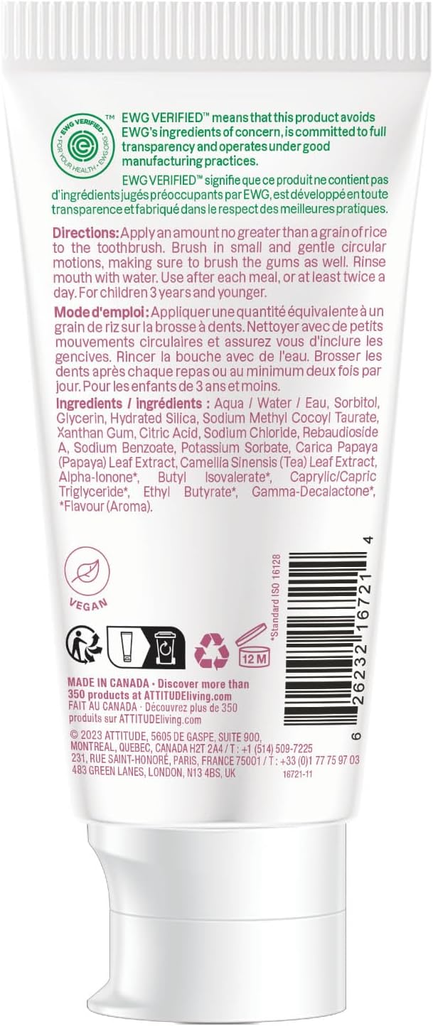 ATTITUDE Baby & Child Fluoride-Free Training Toothpaste, Natural, Vegan, EWG Verified, Strawberry, 2.6 Oz (Pack of 6)