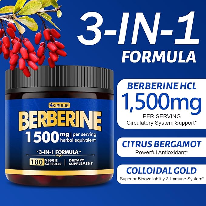 Berberine Supplement, High Strength Berberine 1500MG, 180 Caps - Plus Citrus Bergamot, Berberine HCI Root Supplements - Metabolic, AMPK Support Healthy Weight Management - Vegan, Organic, Non-GMO-StrideForce Fitness