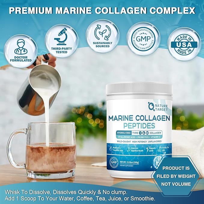 NATURE TARGET Marine Collagen Peptides Powder - Type I & III Collagen with Probiotics, Vitamin C & Hyaluronic Acid for Skin, Hair, Nails, Wild-Caught Fish & Grass-Fed Bovine, 35 Servings-StrideForce Fitness