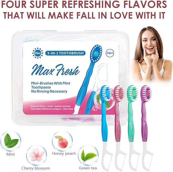 YIBLBOX 5 in 1 Toothbrush & Floss,5 in 1 mini Toothbrush & Floss & Tongue Scraper & Toothpick Set,Disposable Toothbrushes with Toothpaste, Portable Oral Care for Travel Work