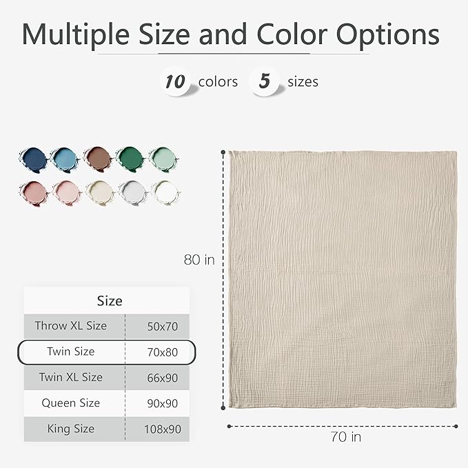 Carriediosa 100% Cotton Muslin Throw Blanket 70" X 80" Twin Size,4-Layers Summer Gauze Throws for Bed Couch,Soft Lightweight Breathable Linen Blankets Bedspread for Adults All Season,Khaki-StrideForce Fitness