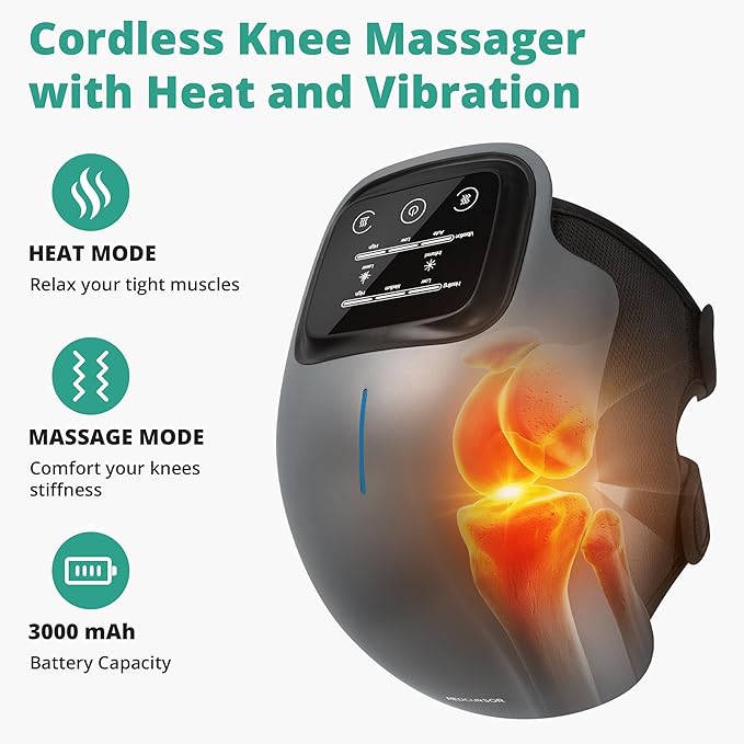 Medcursor Knee Massager with Heat, Cordless Heated Knee Massage for Pain Relief with 3 Heating Levels, 3 Vibration Modes, LED Screen, Adjustable Straps, Gift for Men and Women-StrideForce Fitness