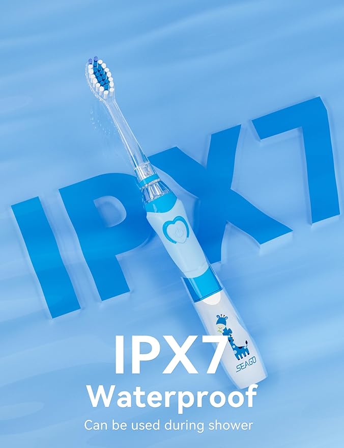 SEAGO Kids Electric Toothbrush with 2 Mins Brushing Timer and 4 Replacement Bursh Heads, Rainbow LED Light Make Brushing Fun, Boys Battery Powerd Toothbrush for 4-12 Years Old,SG-977 (Light Blue)