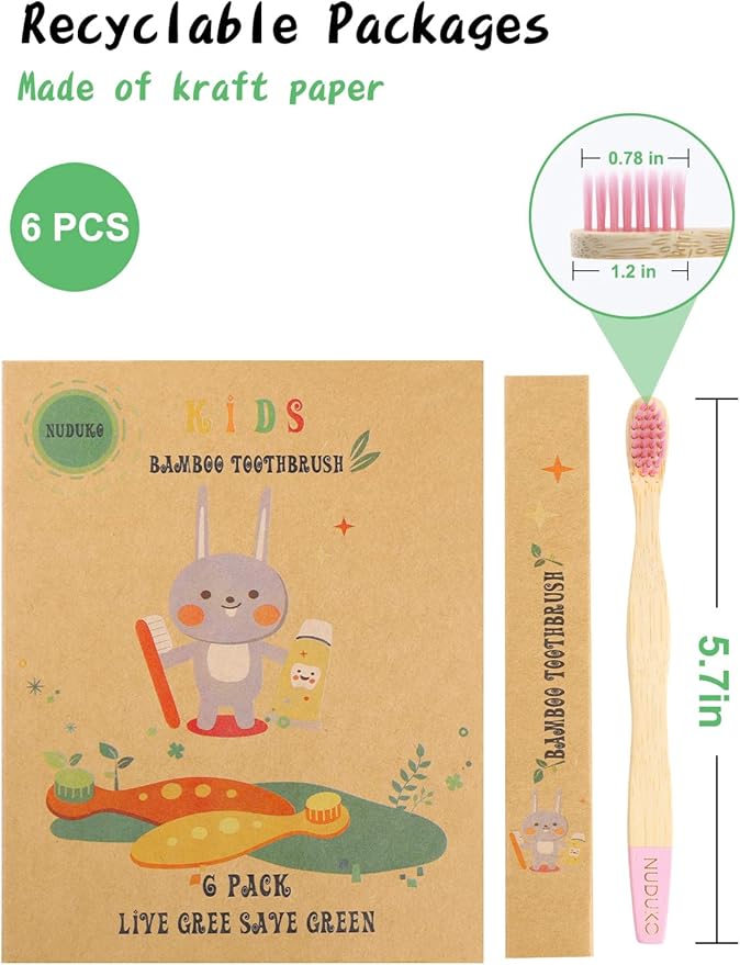Bamboo Kids Toothbrushes (6 Pack) - Soft Bristle Organic Compostable BPA Free Toothbrush for Kids Toddler Baby Tooth Brush, Eco Friendly Natural Biodegradable Wooden Toothbrush