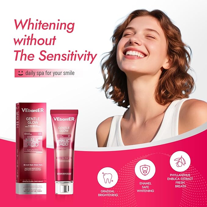 MALIC Acid Teeth Whitening Toothpaste,Natural Care Deep Stain Removal&Plaque,Fluoride Free,Non Toxic,for Adults, Kids and Sensitive Teeth,with Niacinamide,3.57oz.