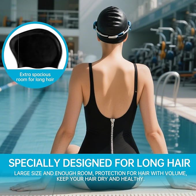 Large Thick Hair Swim Cap with Extra Room for Women Men, Premium Silicone Swimming Cap for Long Hair with Ear Plugs Nose Clip Set, Adult Waterproof Swim Hats Bathing Caps to Keep Hair Dry-StrideForce Fitness