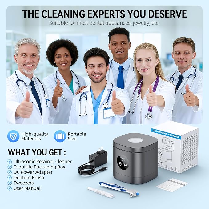 TEBAL Ultrasonic Retainer Cleaner Machine, 52kHz Ultrasonic Denture Cleaner for Night Guards, Braces, Toothbrush Heads, Jewelry and More, Ultrasonic Cleaner for Retainers with 250ML Capacity, Black