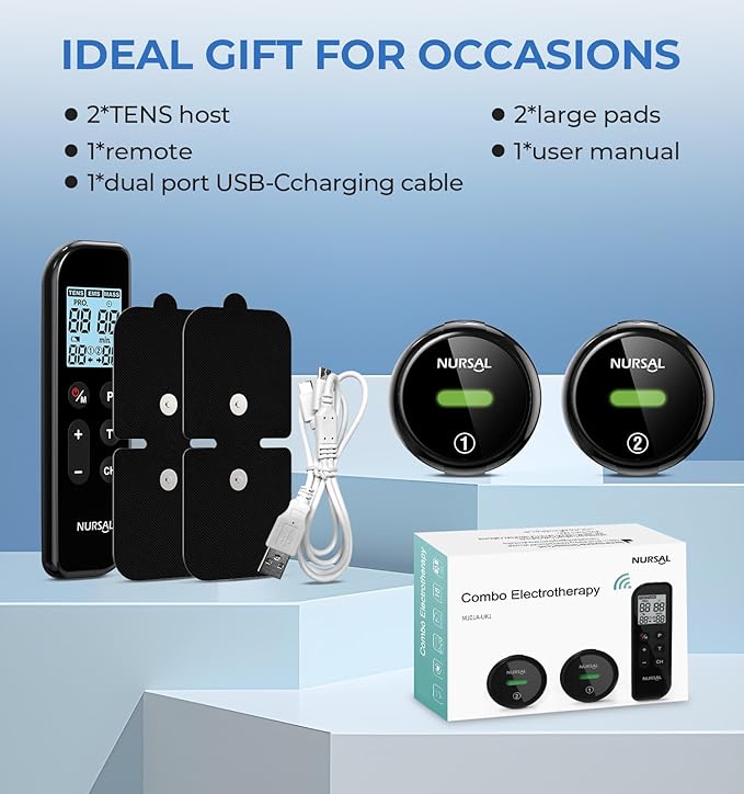 NURSAL Wireless TENS Unit Muscle Stimulator, Dual Host TENS EMS Machine for Pain Relief, 18 Modes 20 Intensity Remote Control Pulse Physical Electrotherapy for Back Shoulder Pain (2 Pads)
