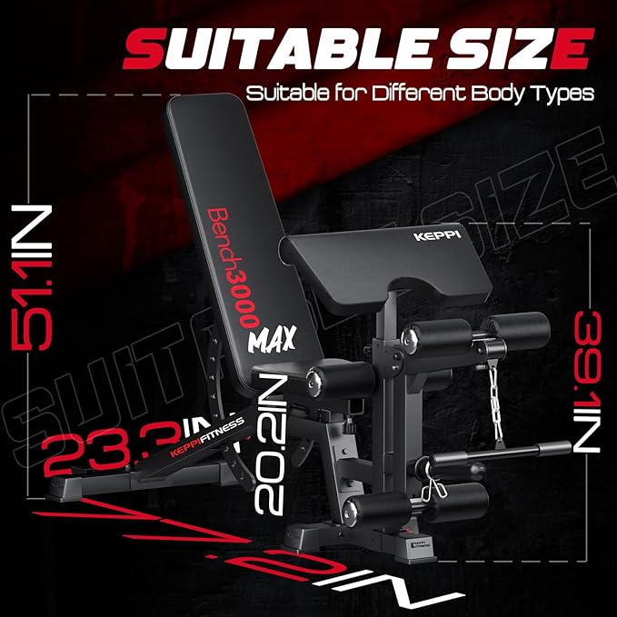 KeppiFitness Adjustable Weight Bench, Bench3000 MAX Heavy Duty Workout Bench Press with Leg Extension and Preacher Pad for Home Gym Fitness, Flat Incline Decline Sit Up Bench-StrideForce Fitness