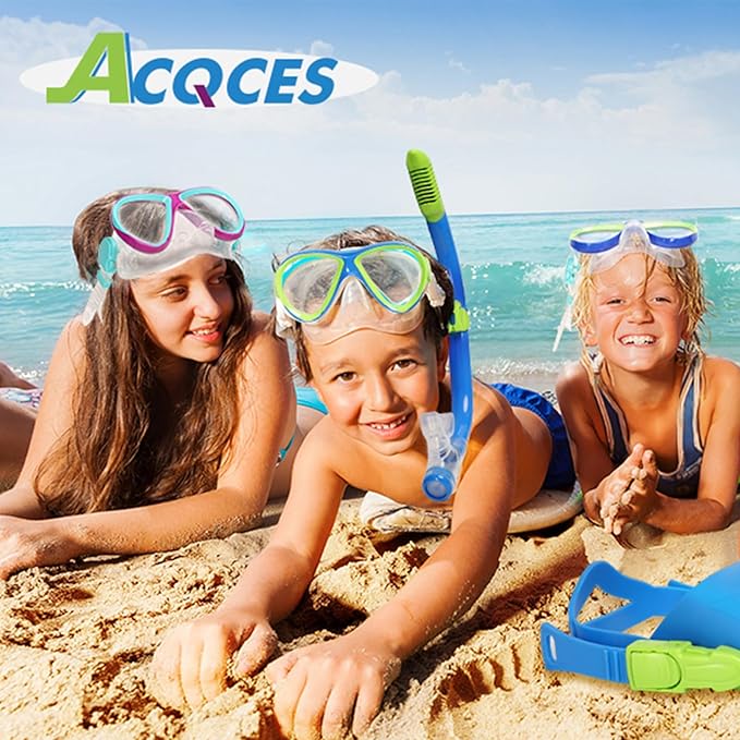 Kids Mask Fins Snorkel Set, Dry Top Snorkeling Gear for Kids Youth Boys Girls Junior Age 5-15 Tempered Glass Snorkel Mask Set Panoramic View Snorkeling Packages-StrideForce Fitness