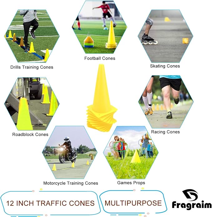 12 Inch Traffic Training Cones, Plastic Safety Parking Cones, Agility Field Marker Cones for Soccer Basketball Football Drills Training, Outdoor Sport Activity & Festive Events - 6 Colors-StrideForce Fitness