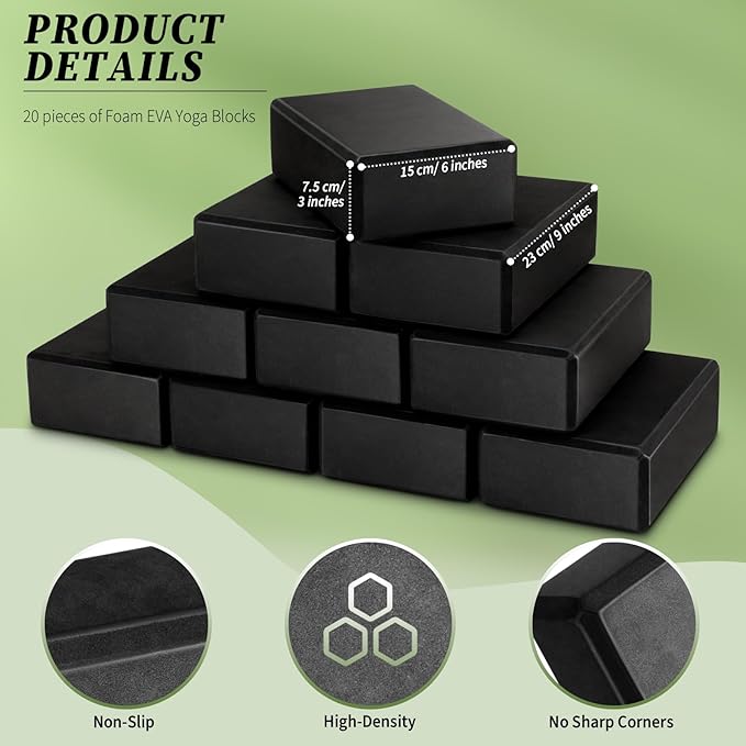 Yilloog 20 Pcs Foam EVA Yoga Blocks - High Density Non Slip Supportive Foam Blocks - Lightweight Black Yoga Bricks - Props for Women, Men, Beginners, Pilates, Meditation-StrideForce Fitness