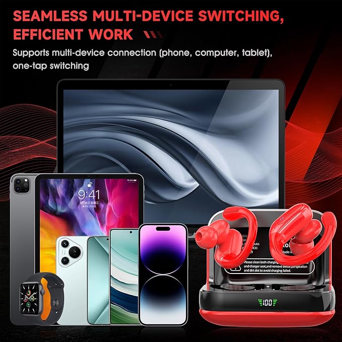 Wireless Earbuds Bluetooth 5.4 Headphones, Noise Canceling Ear Buds with 75hr Playtime, LED Power Display, IPX7 Waterproof Earphones Over-Ear Earphones for Sports/Workouts - Red-StrideForce Fitness