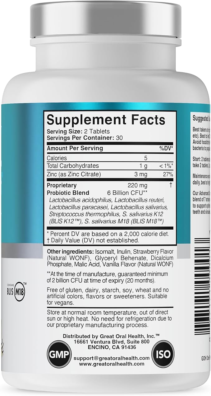 Oral Probiotics for Mouth Bad Breath Treatment for Adults; Dentist Formulated Dental Probiotics for Teeth and Gums, Chronic Halitosis with BLIS K12 M18, Chewable Oral Health Tablets Strawberry Vanilla