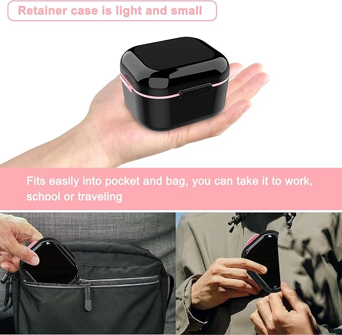 BVN Denture Bath Denture Case: Denture Cup for Soaking Dentures, Retainer Cleaner Case with Mirror, Mouth Guard Case, Aligner Case, Retainer Holder, Night Guard Case, False Teeth Container Black