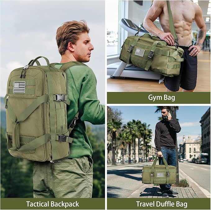 ETRONIK Gym Bags for Men Women, Military Duffle Bag Backpack with Shoe Compartment, 3 in 1 Carry on Bag Travel Backpack with Wet Pocket, Weekender Overnight Range Bag for Workout Football Gym, Green-StrideForce Fitness