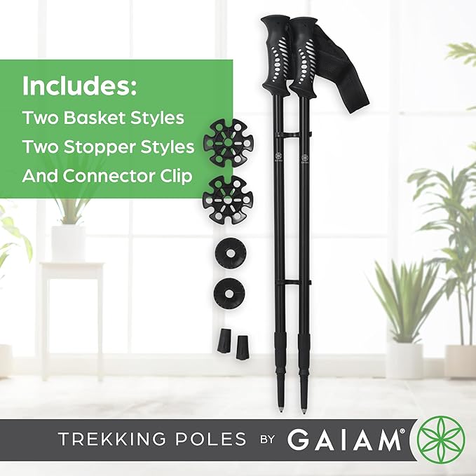 Gaiam Trekking Poles (Pair, Black), Lightweight 7075 Aluminum Hiking Support Walking Stick, Comfort-Grip Handles, All-Terrain Baskets & Styles Included, Camping & Hiking Essentials-StrideForce Fitness