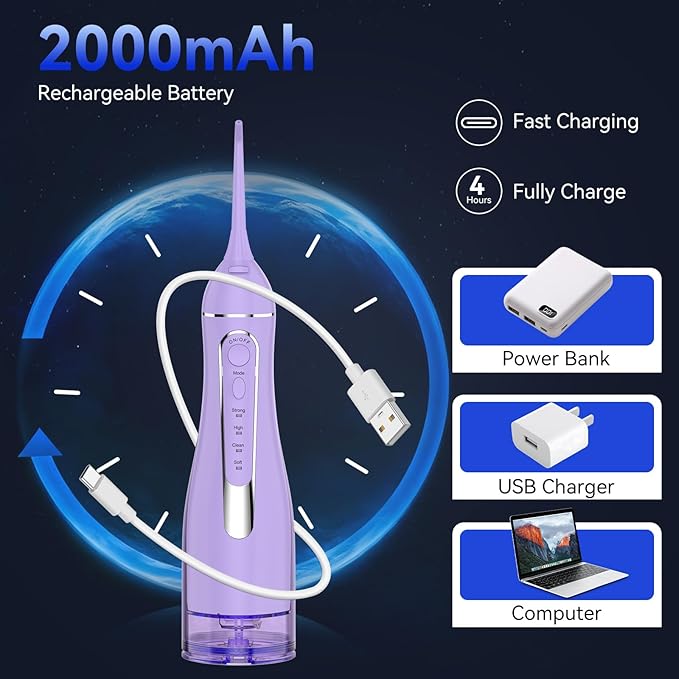 Water flossers for Teeth Pick, Portable Oral Irrigator Dental with 4 Modes 5 Jet Tips, IPX7 Rechargeable Water Tooth Flosser for Braces Sensitive Gum Care, 300ml Tank for Home Travel Use