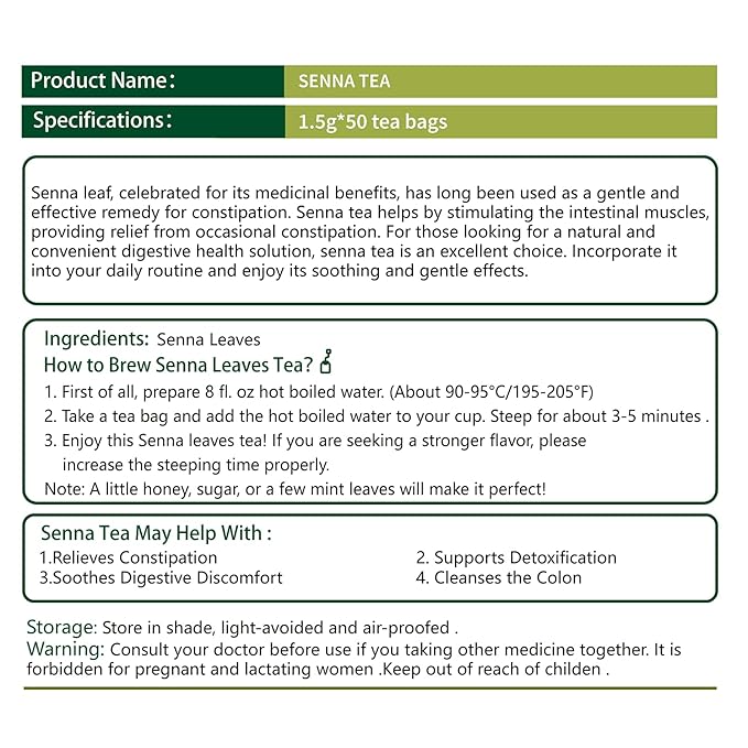 Samcci - Senna Tea, 50 Teabags, 1.5g/bag - Senna Leaf Tea for Constipation -Digestive - Poop for Promoting Digestion - Colon Cleanse -Non-GMO - Caffeine-free-StrideForce Fitness