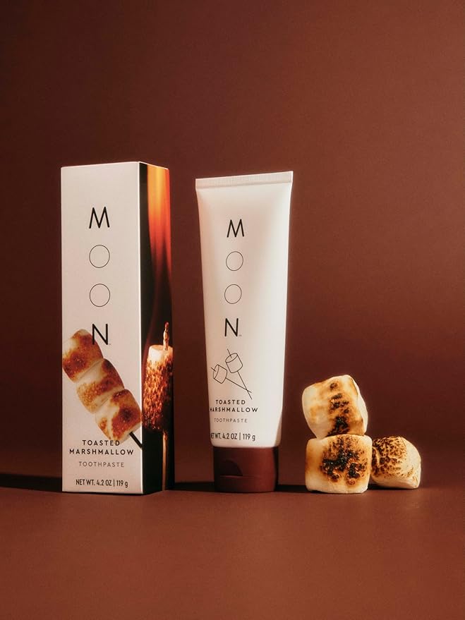 MOON Toothpaste, Toasted Marshmallow Flavor, 4.2 Oz, Plus Soft Bristle Toothbrush 2 Pack, No Fluoride or Sugar, Gentle on Enamel, Gums & Teeth, Whitening Toothpaste for Adults & Children 2 Years+