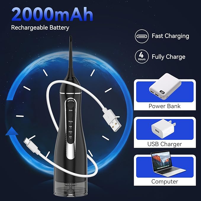 Water flossers for Teeth Pick, Portable Oral Irrigator Dental with 4 Modes 5 Jet Tips, IPX7 Rechargeable Water Tooth Flosser for Braces Sensitive Gum Care,300ml Tank for Home Travel Use