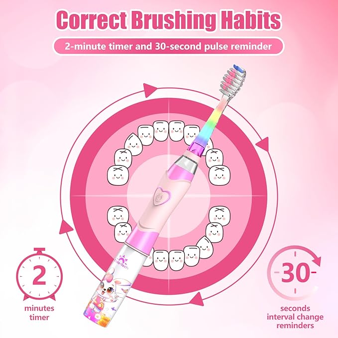 Kids Electric Toothbrush Toddler Toothbrush Age 2-4-8-12 Girls Electric Toothbrush with Timer Rainbow LED Light Up Vibrating Toothbrush Battery Operated Childrens Sonic Tooth Brush (Rabbit Pink)