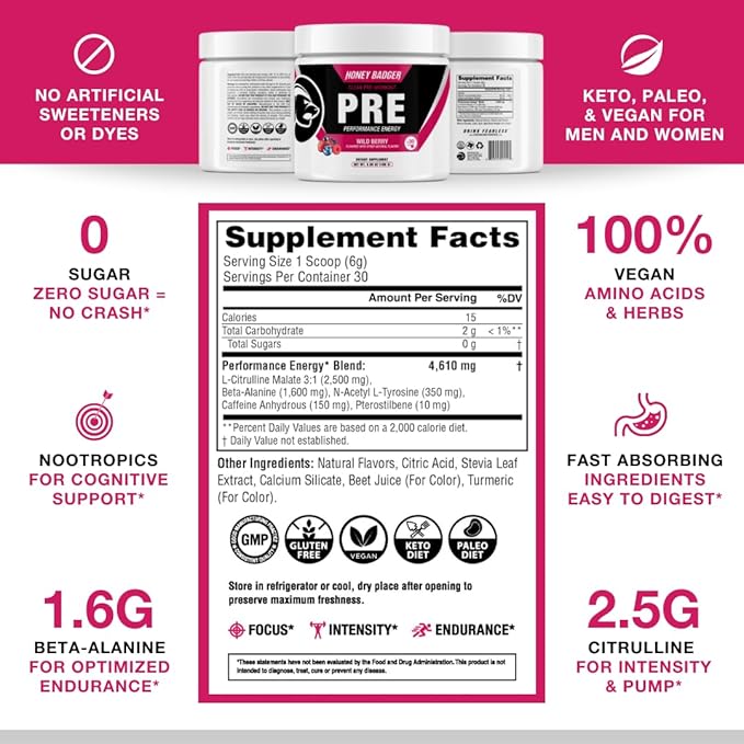 Honey Badger Pre Workout Powder, Keto Vegan Preworkout for Men & Women, Beta Alanine & Caffeine, Sugar Free Natural Energy Supplement, Wild Berry, 30 Servings-StrideForce Fitness