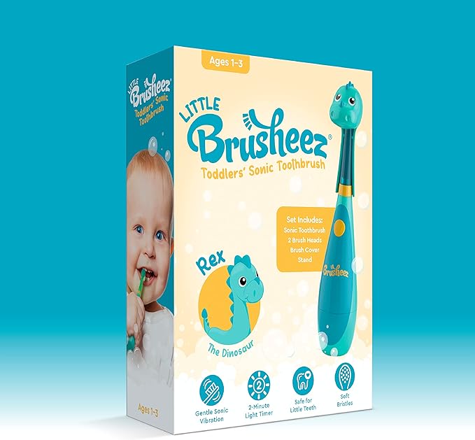 Brusheez Little Toddlers’ Sonic Toothbrush - Safe & Gentle Toothbrush for Ages 1-3 with Built-in, Light-Up 2-Minute Timer, Extra Brush Head, & Storage Base for First-Time Brushers (Rex The Dinosaur)