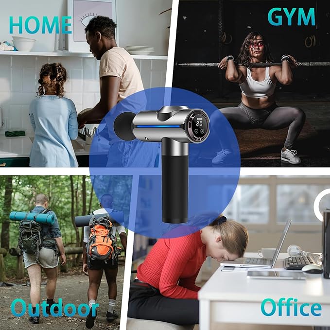 Percussion Massage Gun, Electric Handheld Muscle Back Massager, Deep Tissue Back Massage for Athletes for Pain Relief with 20 Speeds & LED Screen with Carry Case, Gift for Men/Women, Silver-StrideForce Fitness