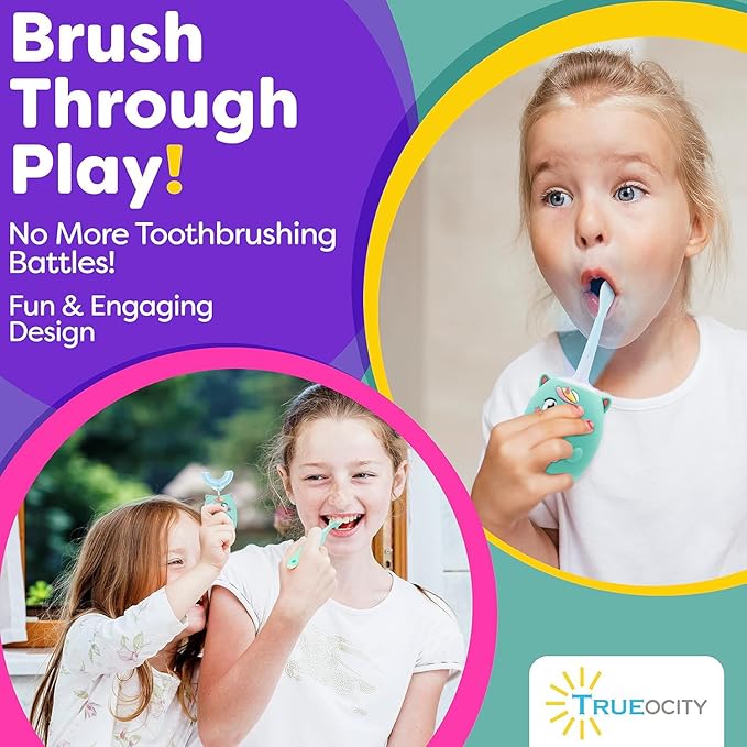 Trueocity Kids U Shape Toothbrush Auto Electric Toddler Rechargeable Kids Automatic Toothbrush | 360° U-Shaped Silicone Brush Head | Gentle Cleaning for Ages 2–7 2–7 | Unicorn Design (Turquoise)