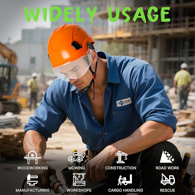 AOLAMEGS Construction Vented Hard Hats -Adjustable Vented Hard Hat with Visor for Men Women ABS Safety Helmet 6-Point Suspension Work Hardhats for Outdoor Height Industrial (Orange Clear Visor)-StrideForce Fitness