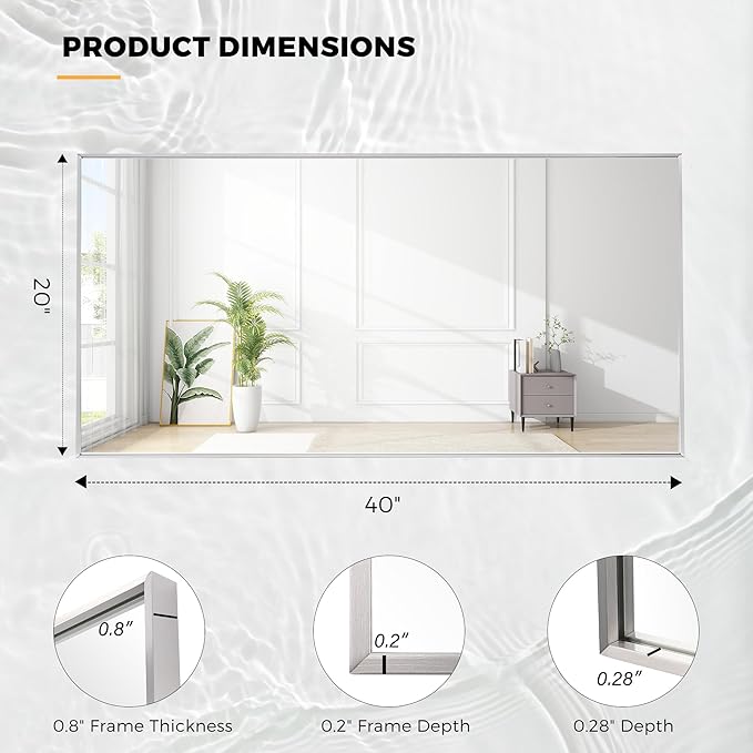 20x40 Inch Nickel Bathroom Mirror for Wall, Aluminum Frame Rectangle Rectangular Vanity Mirror, Modern Large for Bedroom, Living Room, Horizontal or Vertical-StrideForce Fitness